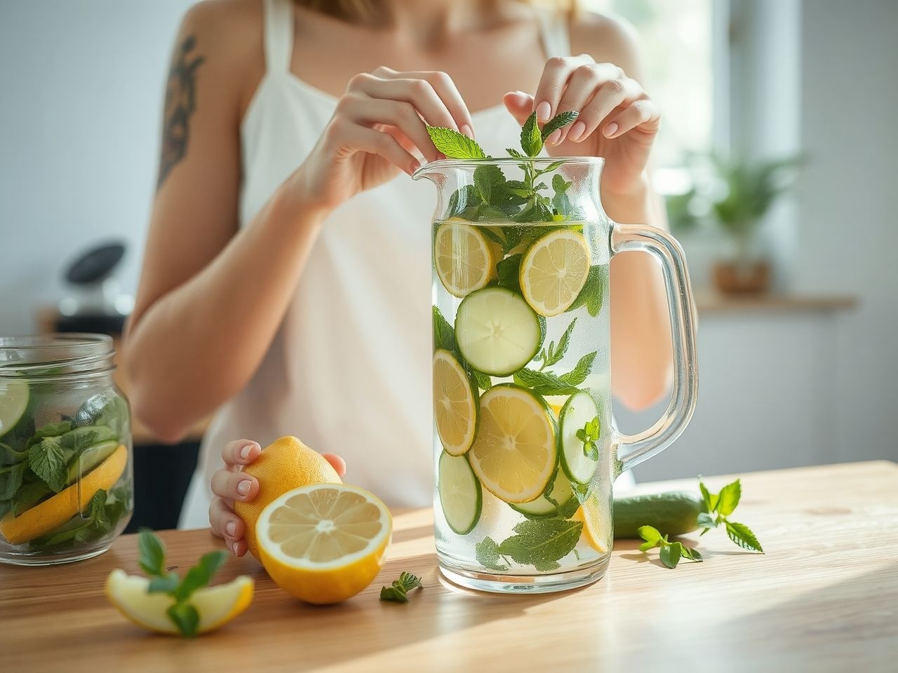 Gyümölcsökkel ízesített vitaminos víz természetes frissítő nyárra.
