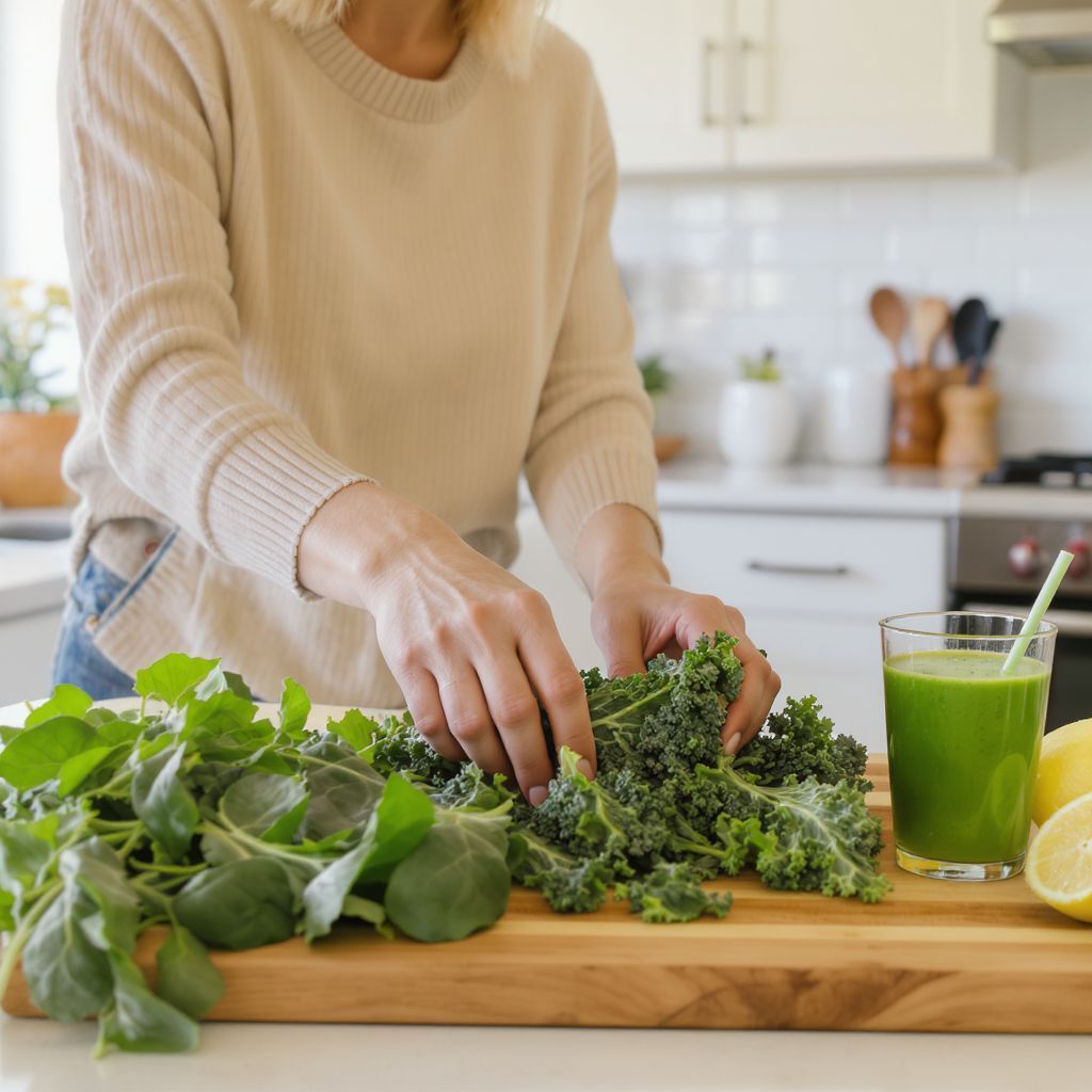 Válassz friss, organikus leveleket a zöld turmixhoz!